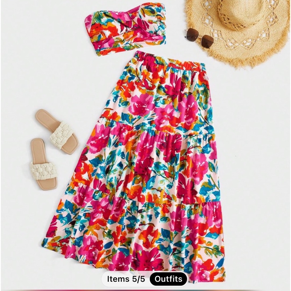 Colorful Two piece floral top and maxi skirt